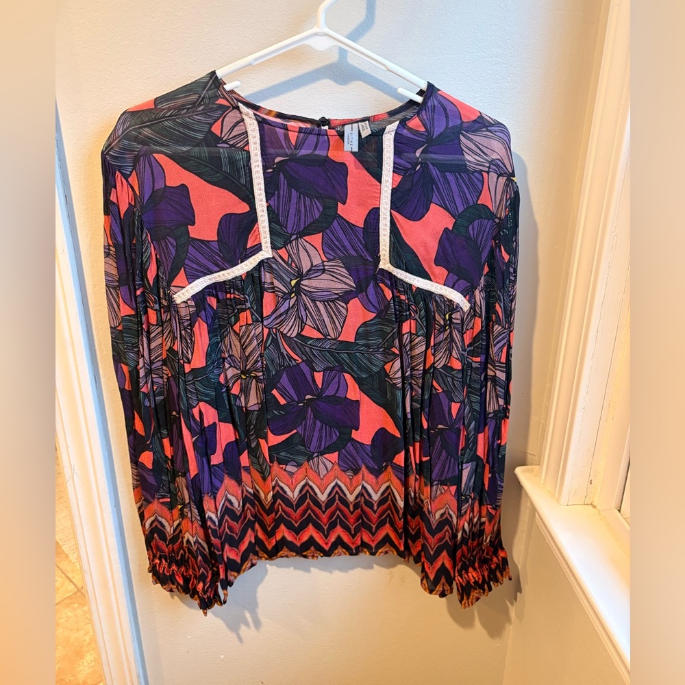 Anthropologie Floral Women's Top - Purple and Pink size L petite